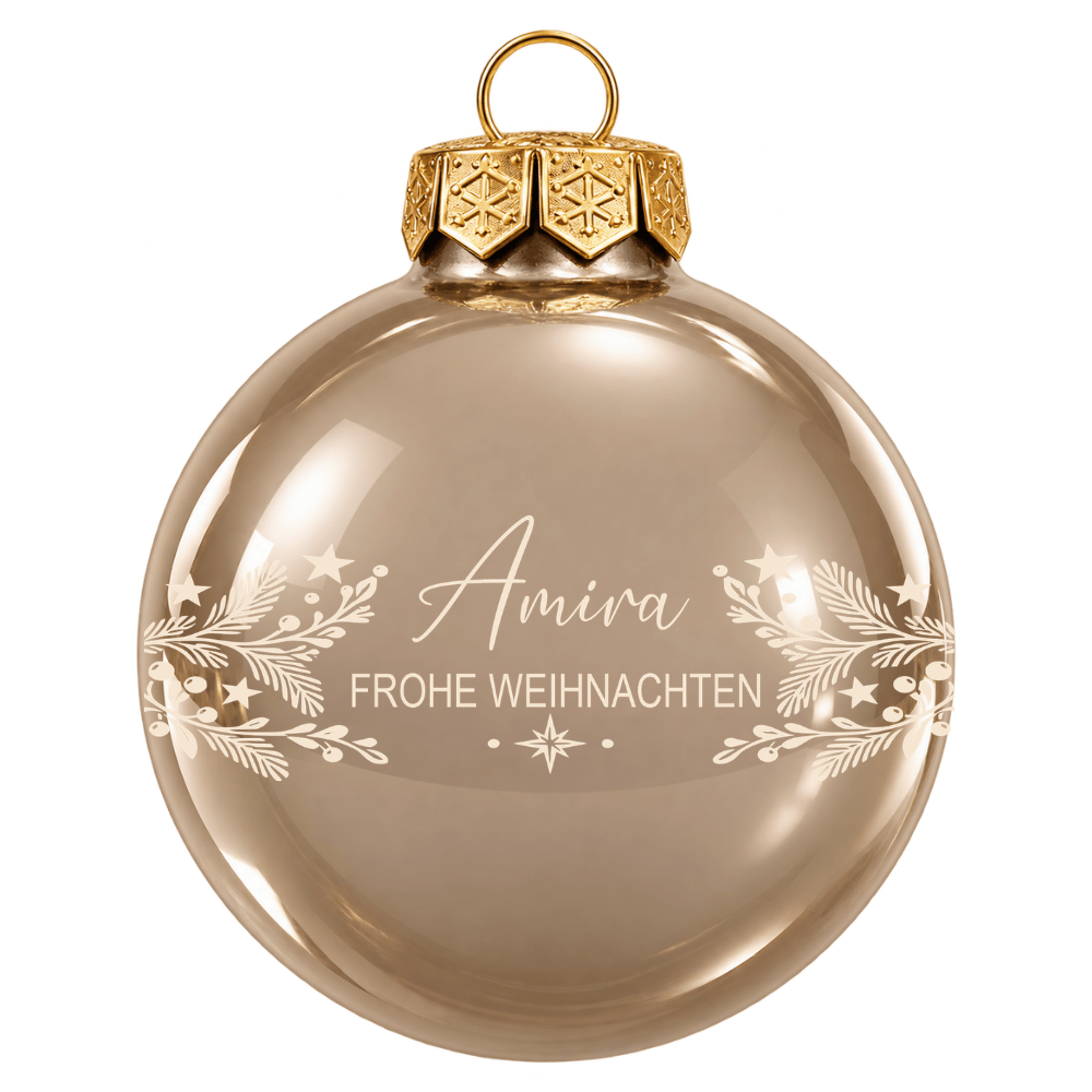 Weihnachtskugel personalisiert aus Glas – Name & rundes Zweigmotiv