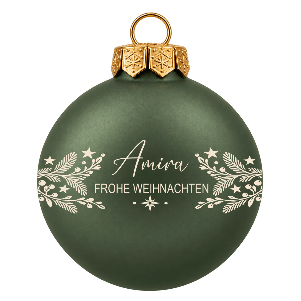 Weihnachtskugel personalisiert aus Glas – Name & rundes Zweigmotiv