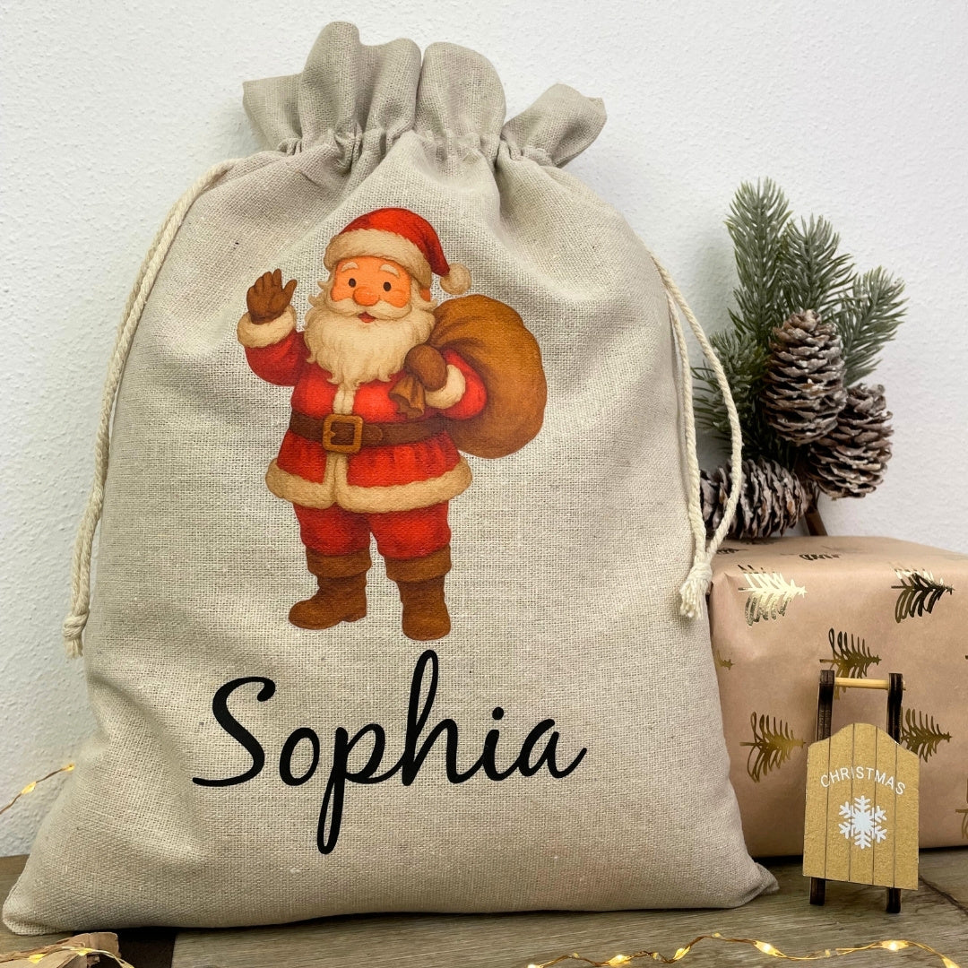 Nikolaussack mit Namen | Weihnachtssack personalisiert | Nikolaussäckchen mit Retro-Weihnachtsmann | Personalisierte Nikolausverpackung mit Namen