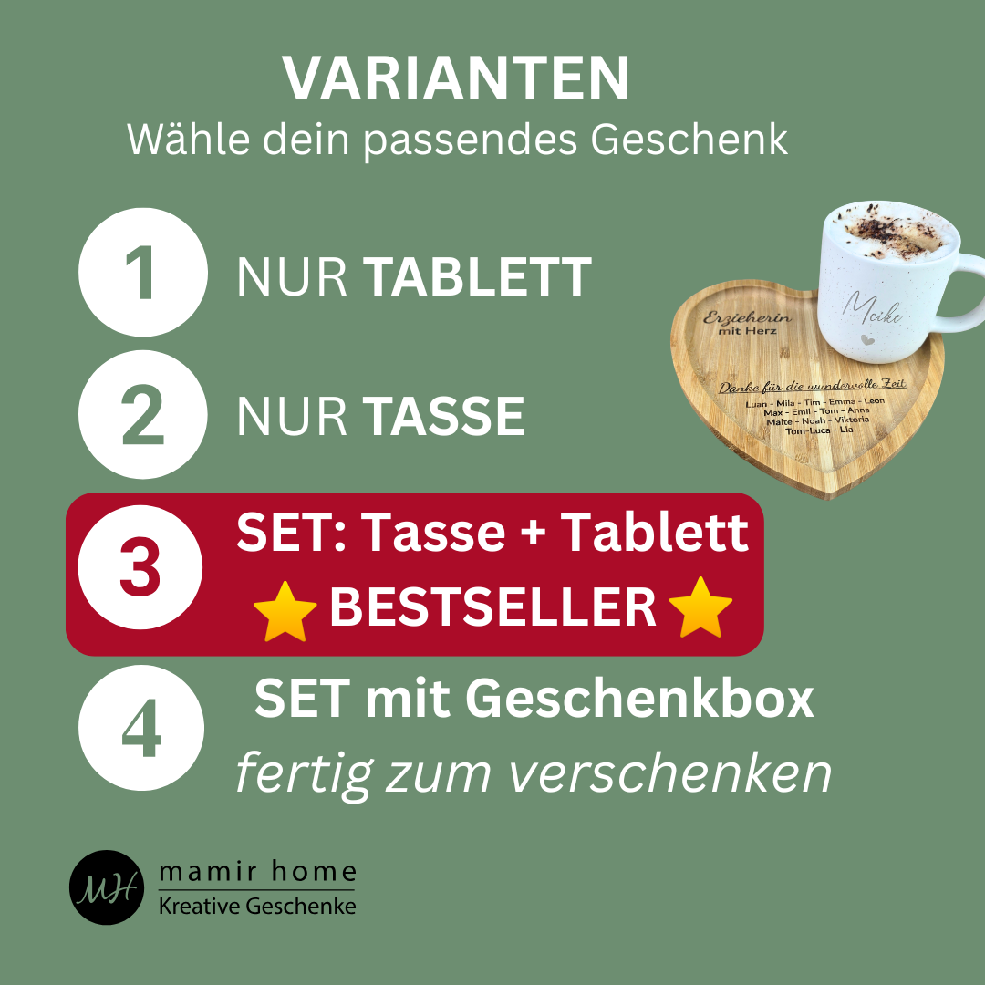 Abschiedsgeschenk Erzieherin mit Kindernamen – Personalisierte Tasse & Herz-Tablett | Geschenk Erzieherin Abschied