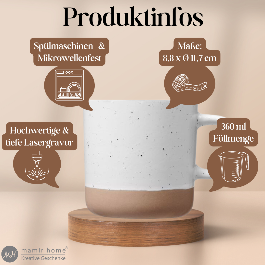 Personalisierte Tasse mit Wunschtext – Gravierte Steingut Tasse mit Text nach Wahl (360 ml)