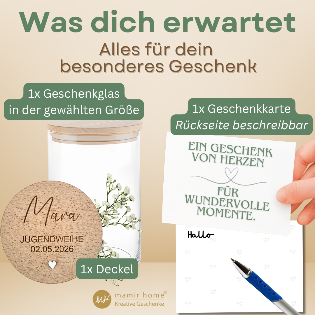 Geldgeschenk Jugendweihe personalisiert mit Name – Geschenk Jugendweihe Mädchen & Junge – Glas mit Gravur & 3D Herz