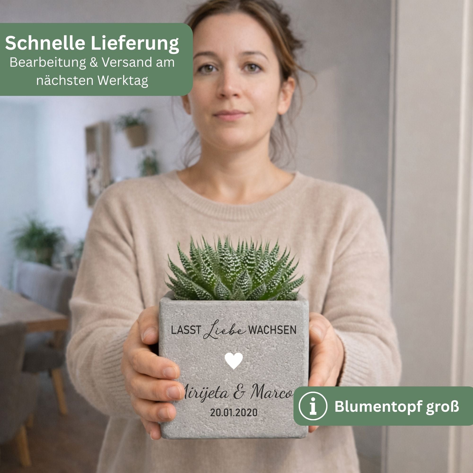 Geschenk zur Hochzeit – Blumentopf mit Gravur „Lasst Liebe wachsen“ | Hochzeitsgeschenk personalisiert aus Beton