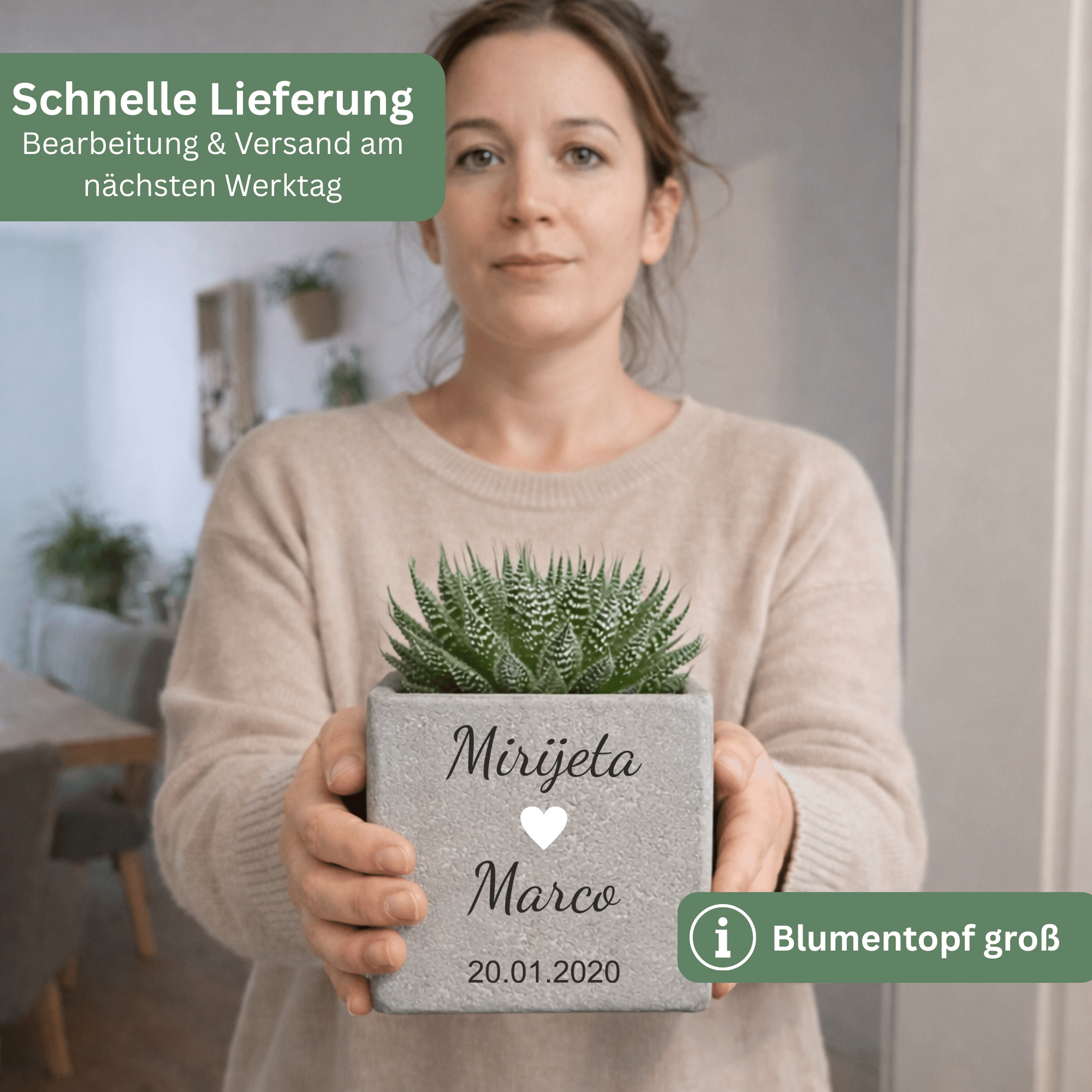 Geldgeschenk Hochzeit – Personalisierter Blumentopf mit Gravur aus Beton | Hochzeitsgeschenk für Brautpaar