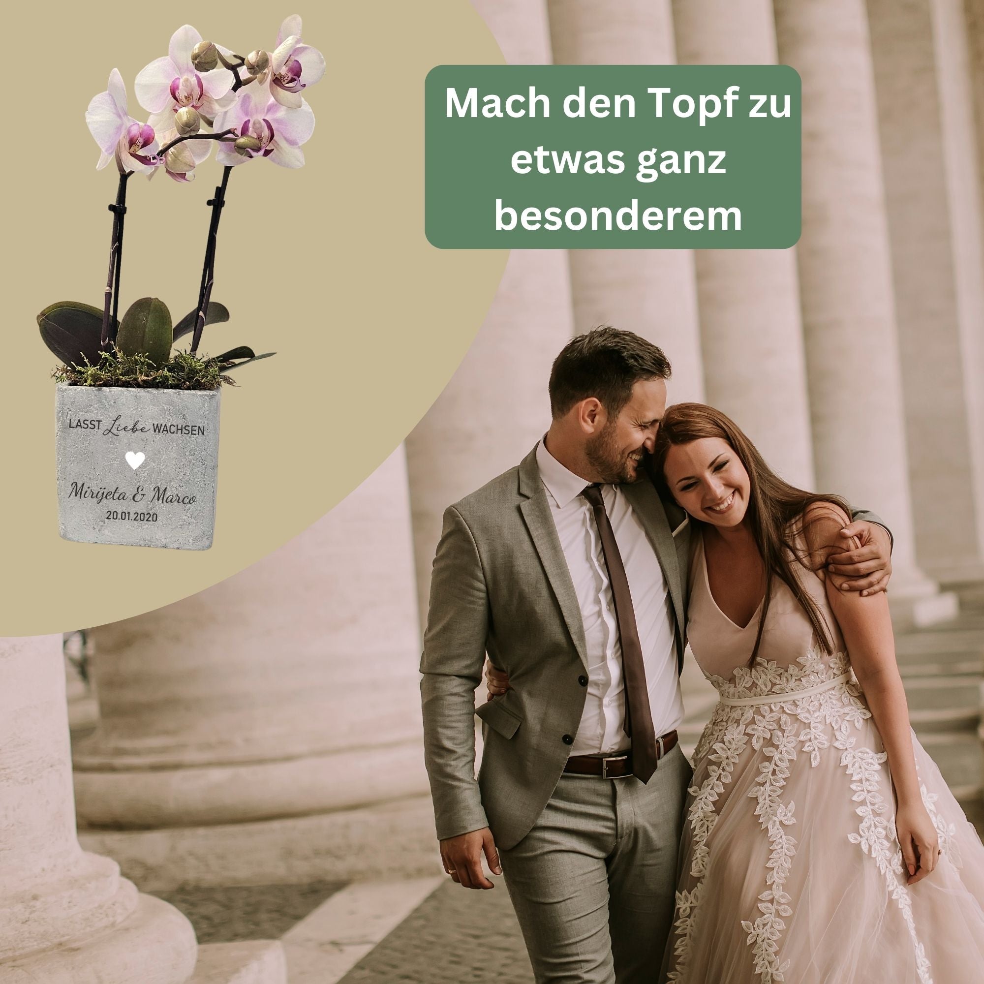 Geschenk zur Hochzeit – Blumentopf mit Gravur „Lasst Liebe wachsen“ | Hochzeitsgeschenk personalisiert aus Beton