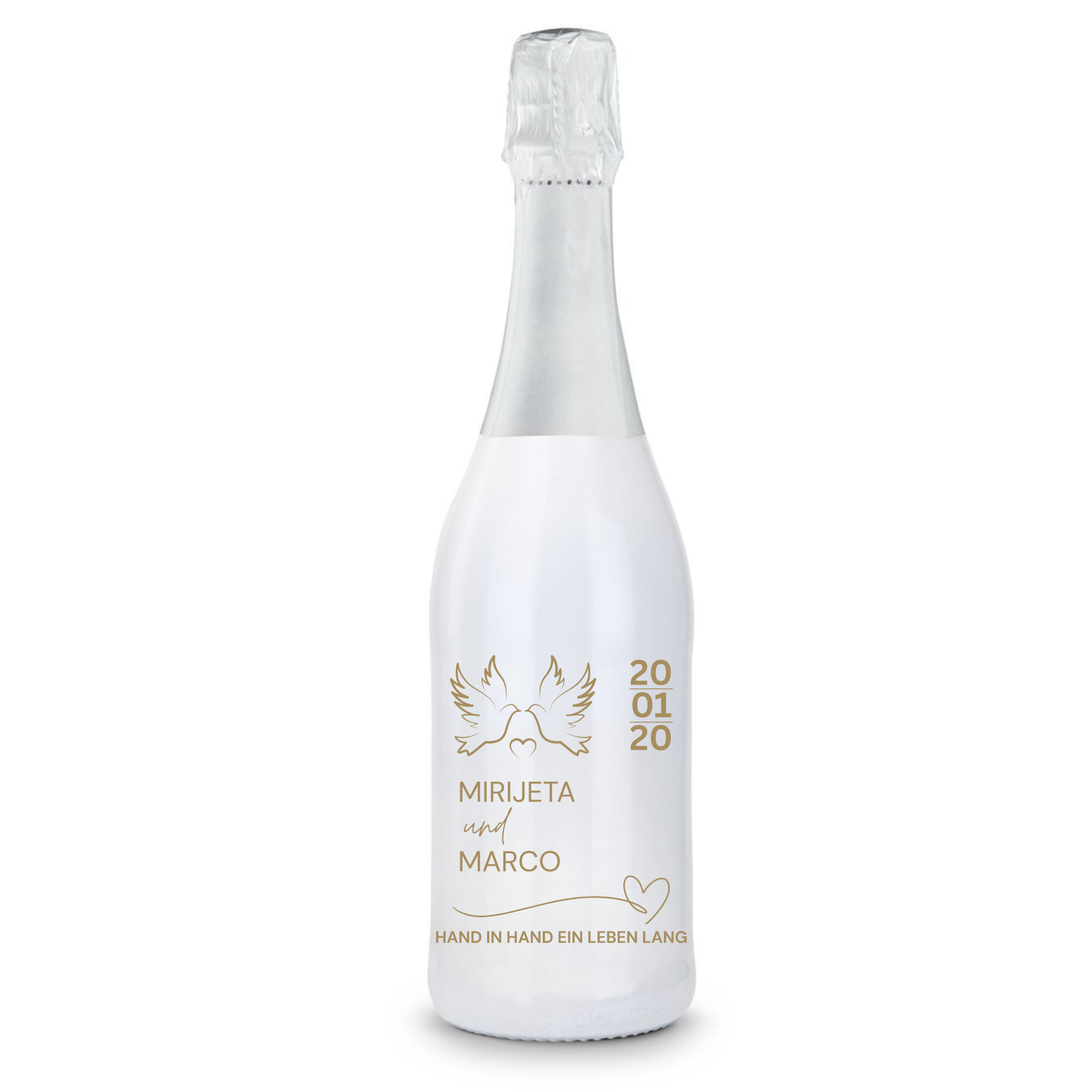 Personalisierte weiße Sektflasche zur Hochzeit – gravierter Hochzeitss­ekt als besonderes Erinnerungsstück