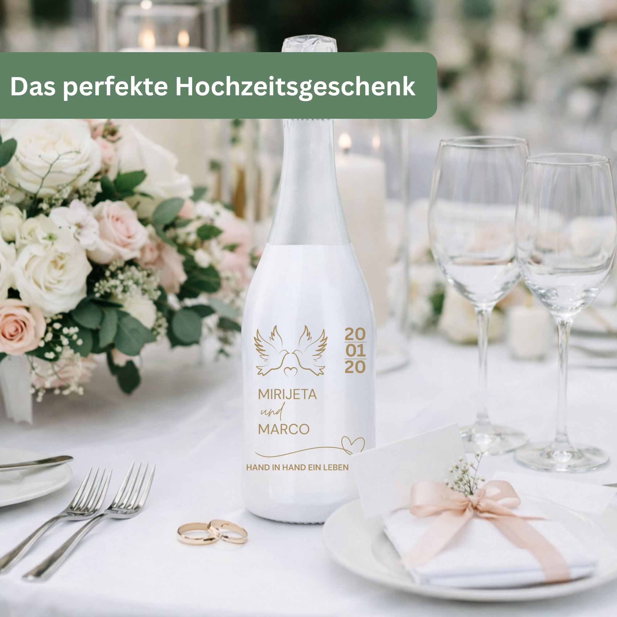 Personalisierte weiße Sektflasche zur Hochzeit – gravierter Hochzeitss­ekt als besonderes Erinnerungsstück