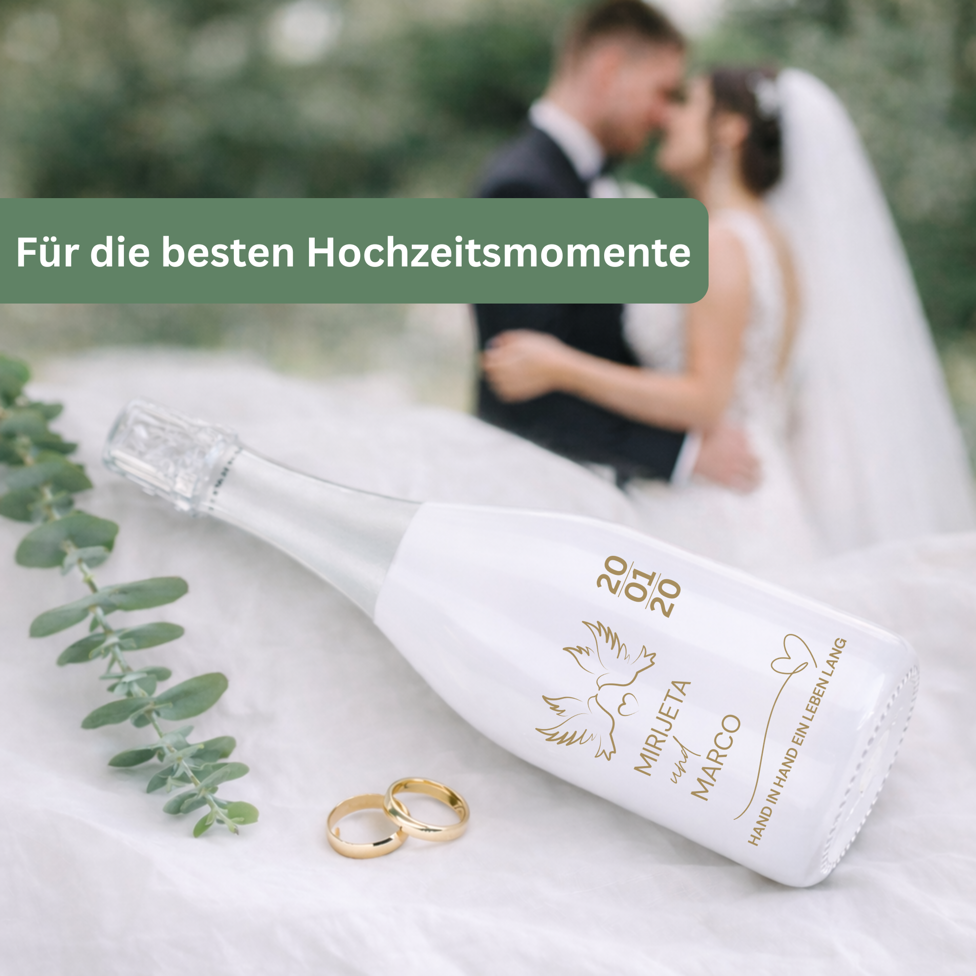 Personalisierte weiße Sektflasche zur Hochzeit – gravierter Hochzeitss­ekt als besonderes Erinnerungsstück