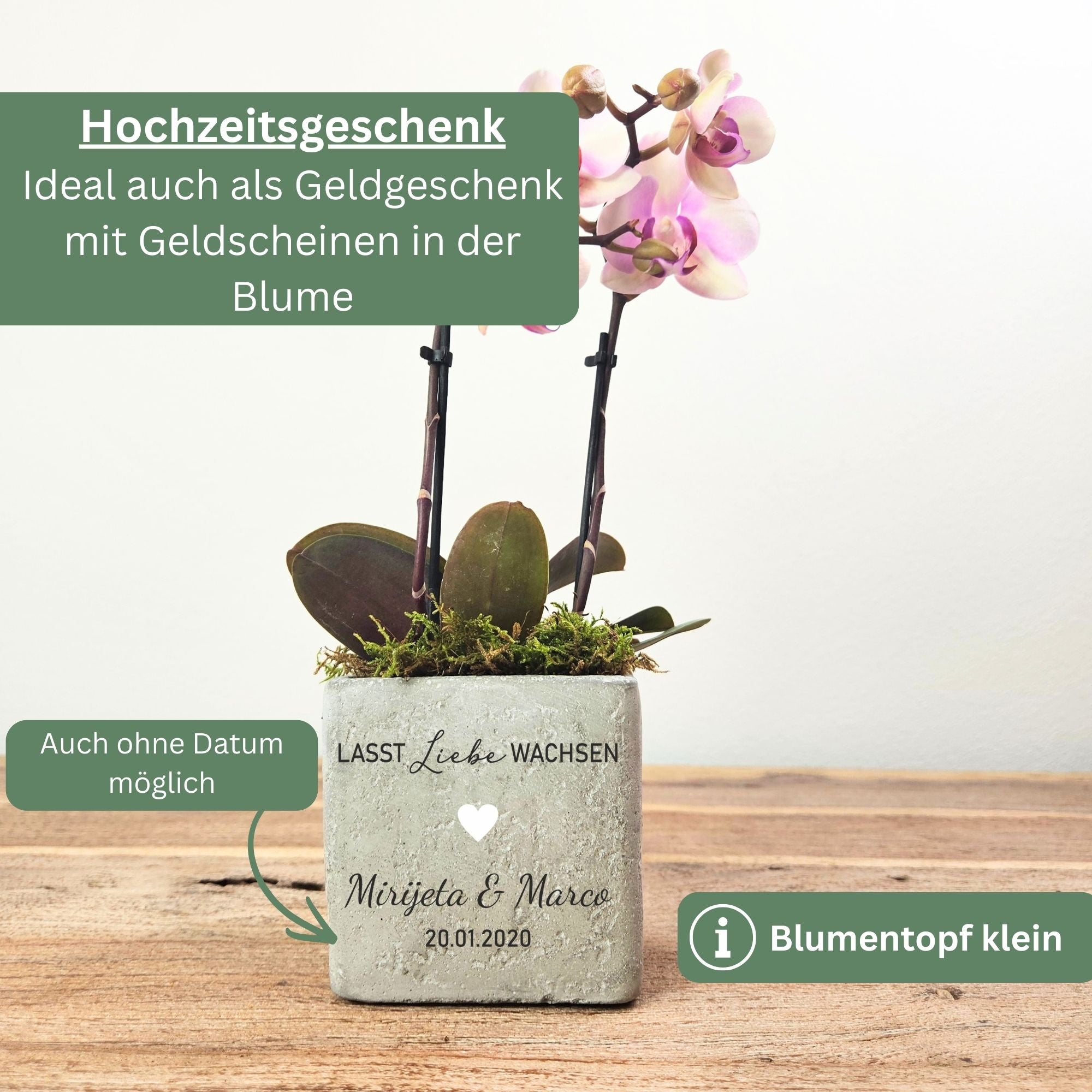 Geschenk zur Hochzeit – Blumentopf mit Gravur „Lasst Liebe wachsen“ | Hochzeitsgeschenk personalisiert aus Beton
