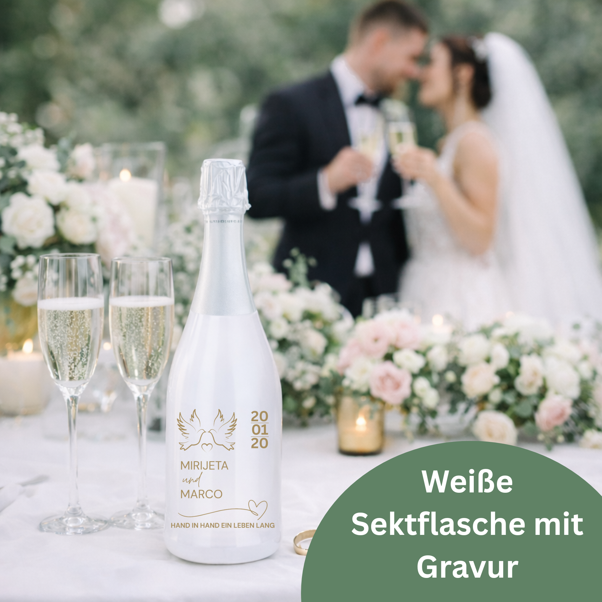 Personalisierte weiße Sektflasche zur Hochzeit – gravierter Hochzeitss­ekt als besonderes Erinnerungsstück