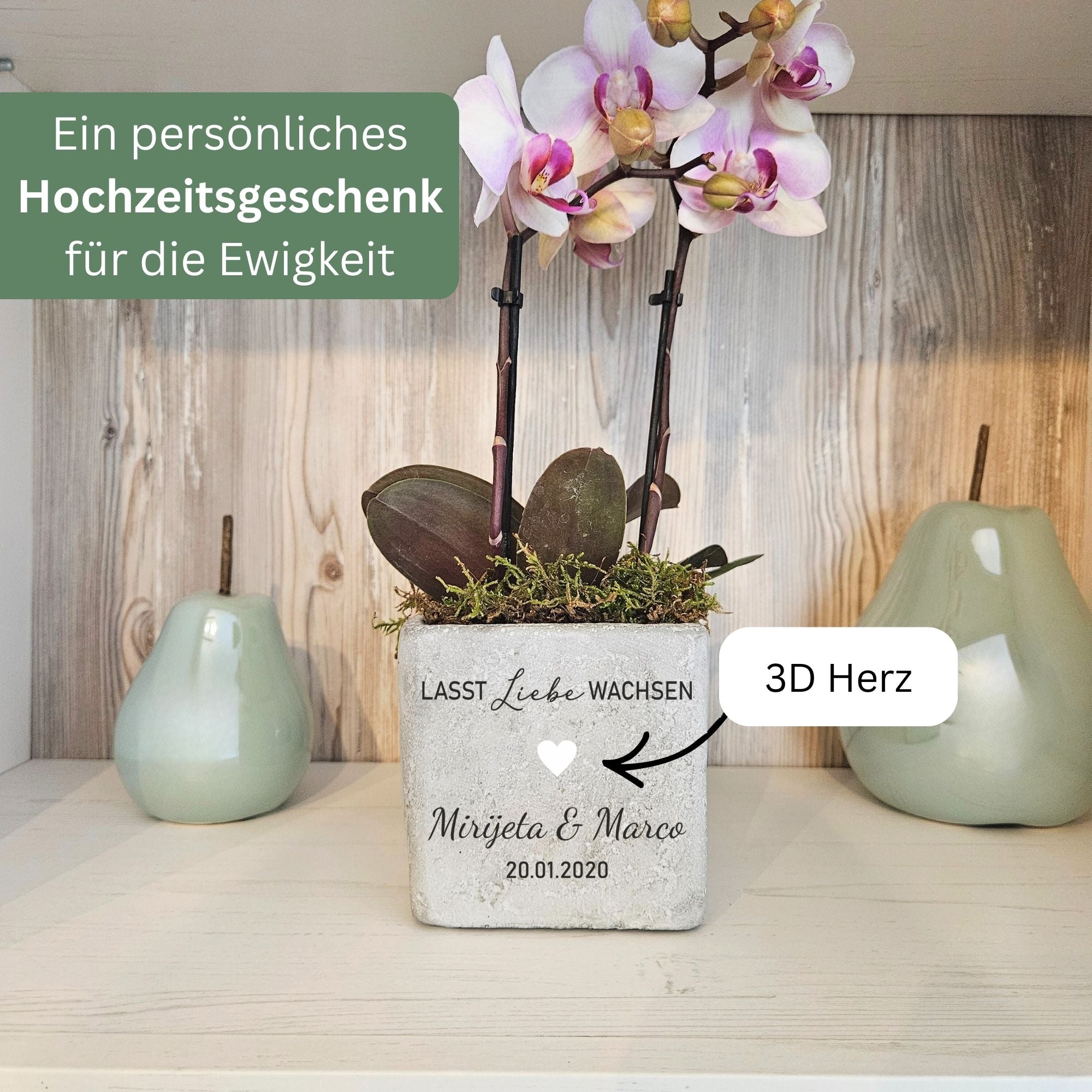 Geschenk zur Hochzeit – Blumentopf mit Gravur „Lasst Liebe wachsen“ | Hochzeitsgeschenk personalisiert aus Beton