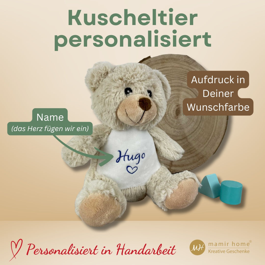 "Infobild Teddybär mit Name – personalisiertes Kuscheltier für Babys in Wunschfarbe"