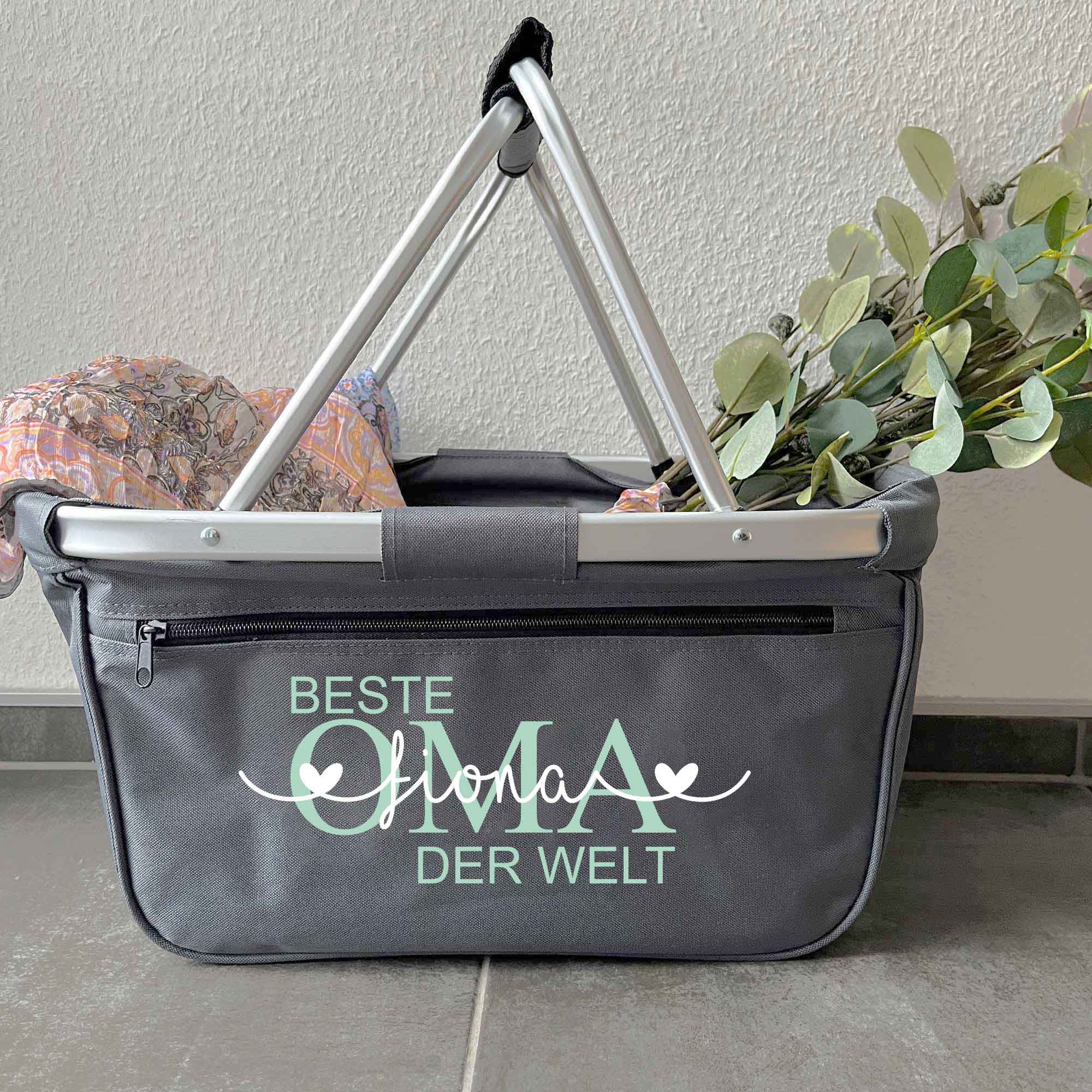 "Personalisierter Einkaufskorb in Mint mit Aufdruck Beste Oma der Welt und Namen"