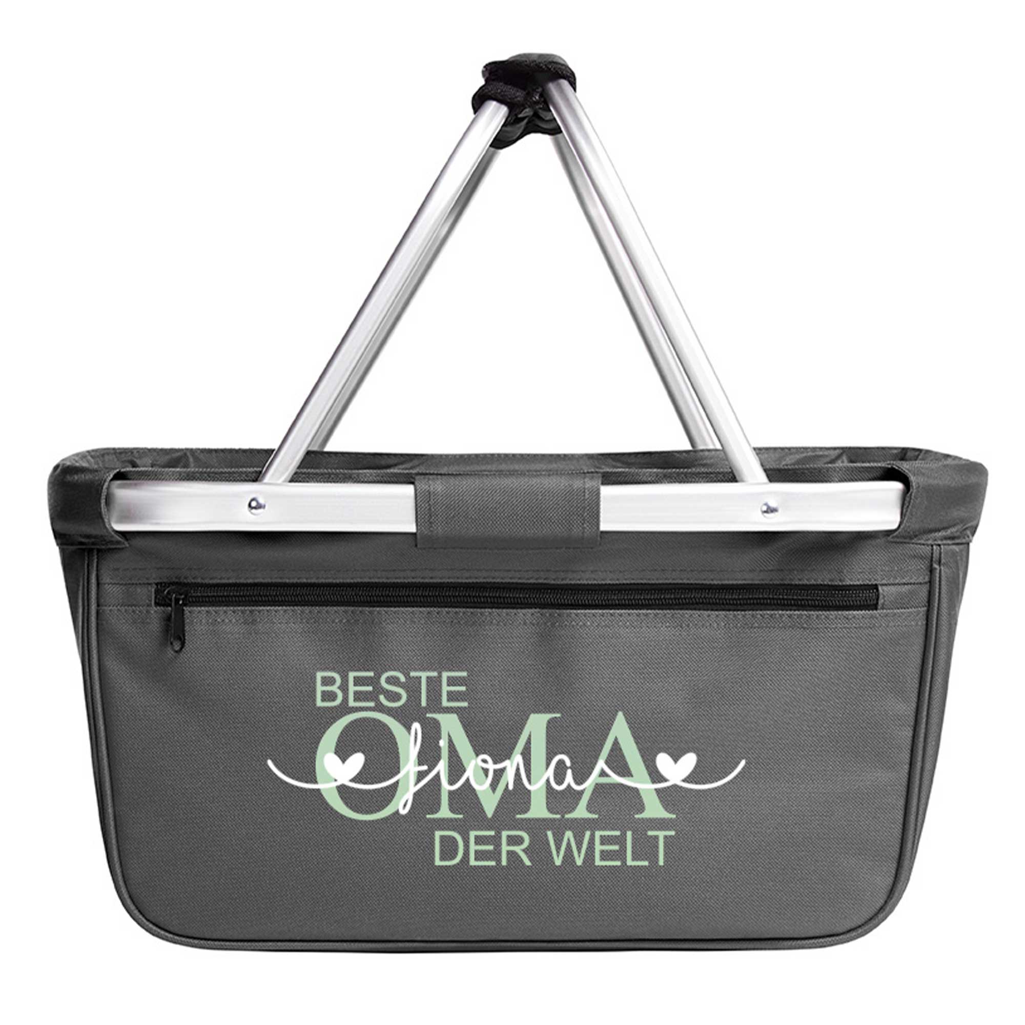 "Freigestellter Einkaufskorb mit Schrift Beste Oma der Welt und Name Fiona in Mintgrün"