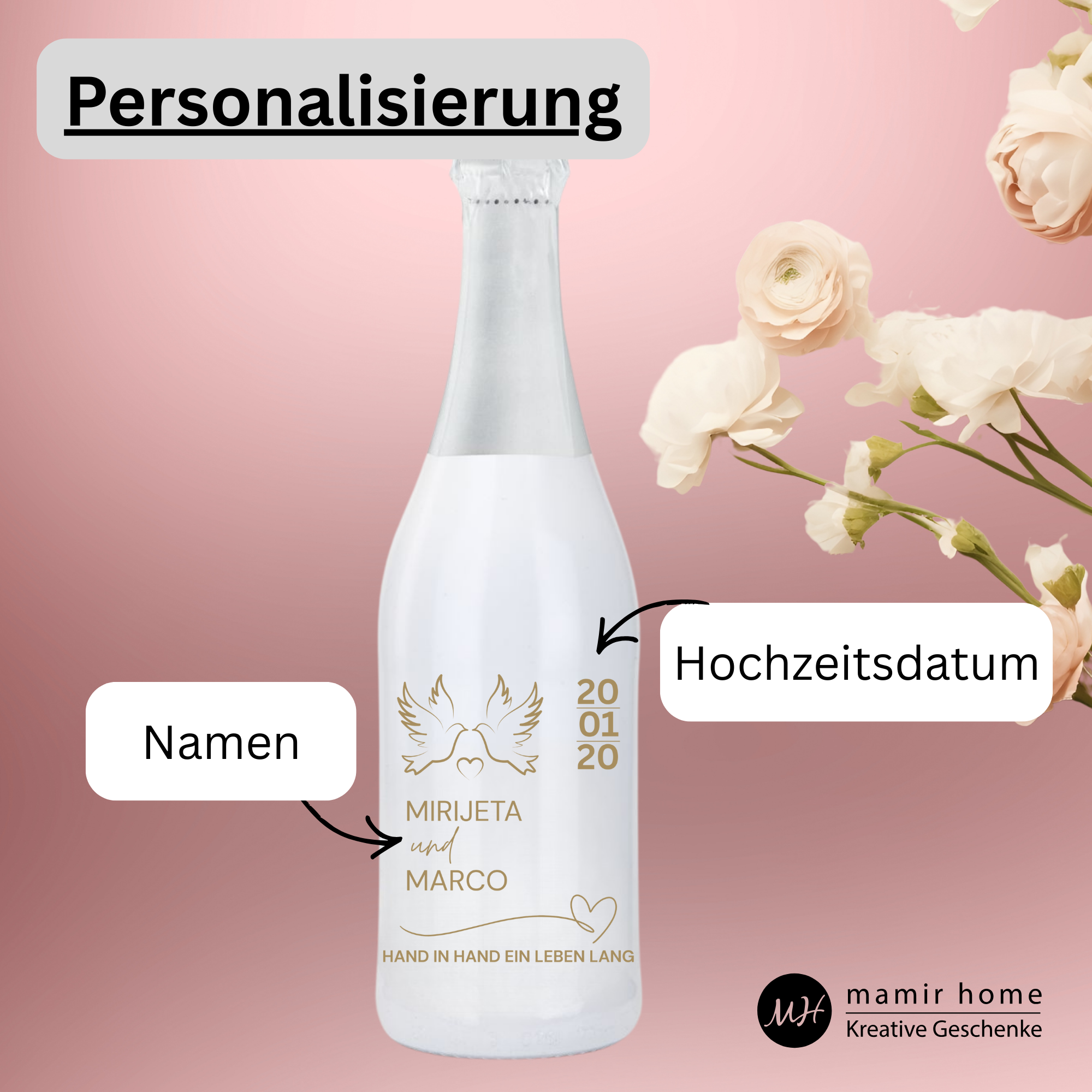 Personalisierte weiße Sektflasche zur Hochzeit – gravierter Hochzeitss­ekt als besonderes Erinnerungsstück