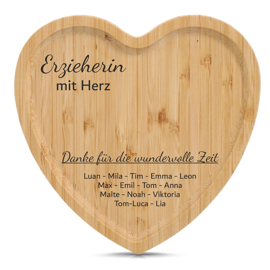 Abschiedsgeschenk Erzieherin mit Kindernamen – Personalisierte Tasse & Herz-Tablett | Geschenk Erzieherin Abschied