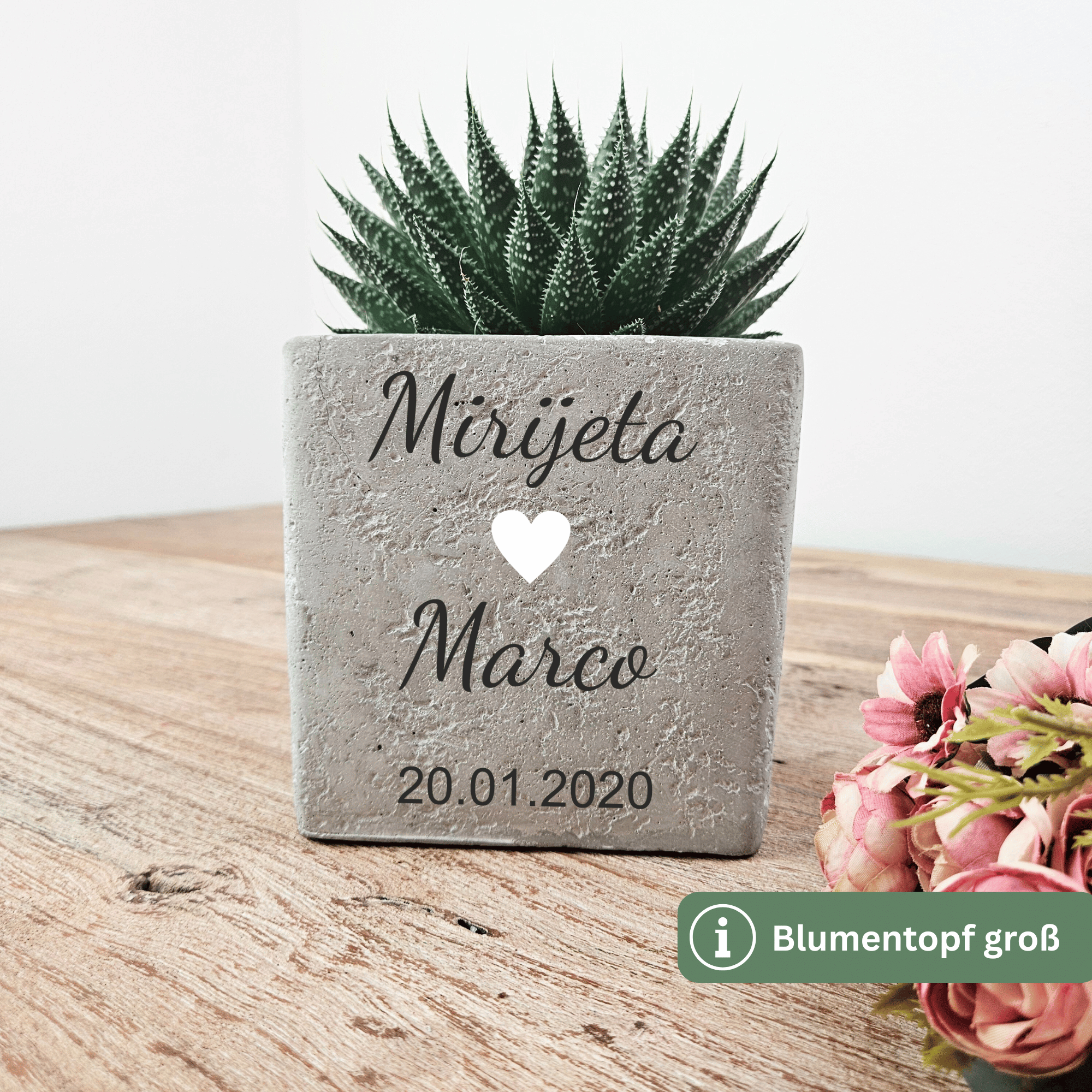 Geldgeschenk Hochzeit – Personalisierter Blumentopf mit Gravur aus Beton | Hochzeitsgeschenk für Brautpaar