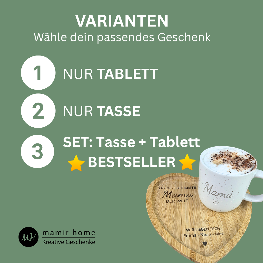 Muttertagsgeschenk Mama personalisiert – Tasse mit Herz-Tablett | Geschenk für Mama mit Namen | Du bist die beste Mama/Oma der Welt