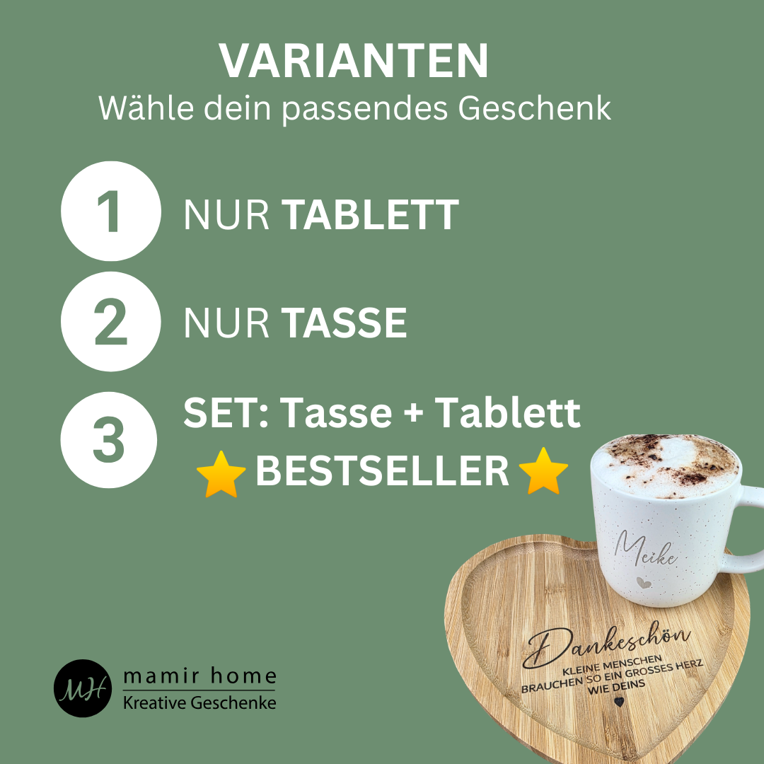 Abschiedsgeschenk Erzieherin – Personalisierte Tasse mit Namen & Herz-Tablett - KLEINE MENSCHEN BRAUCHEN SO EIN GROSSES HERZ WIE DEINS