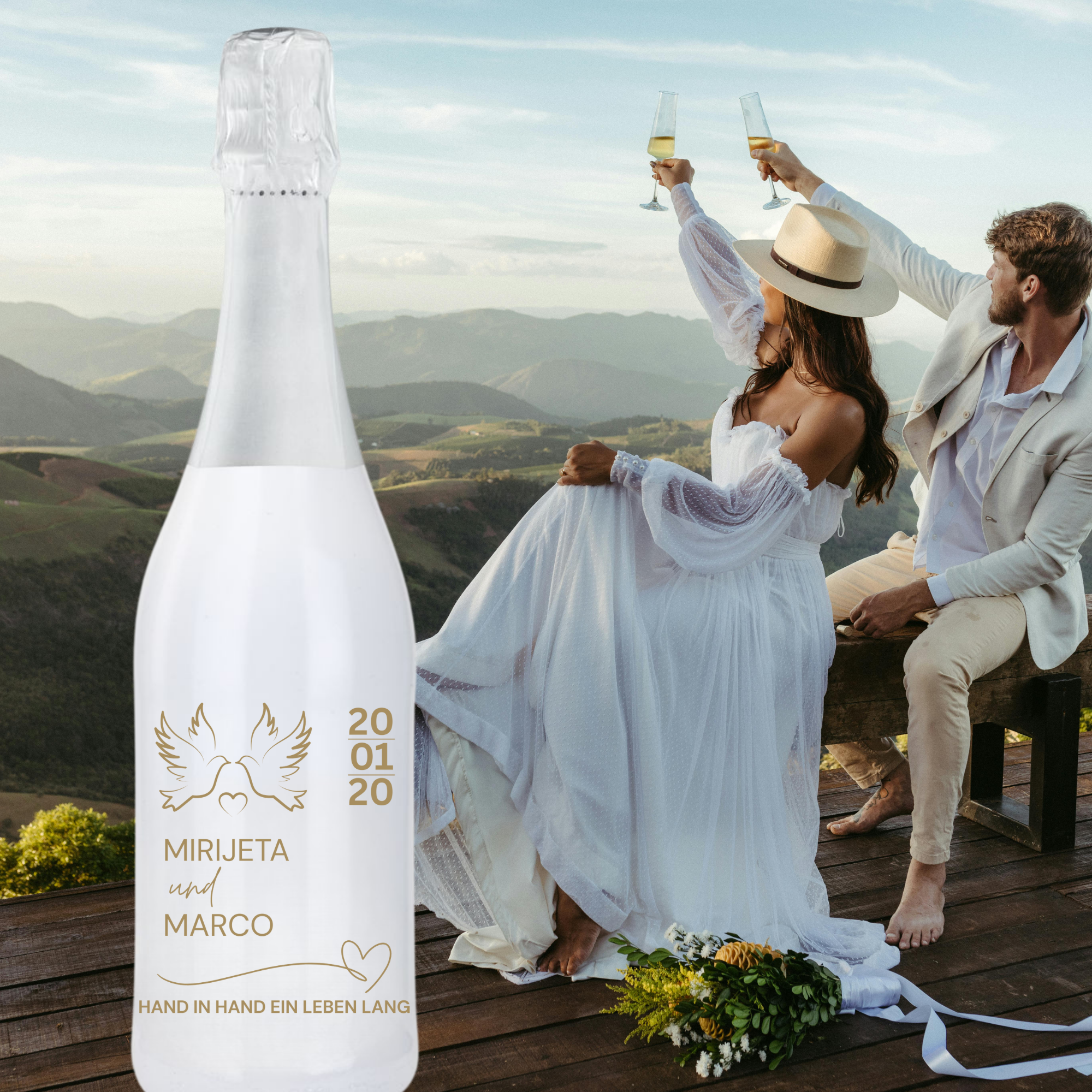 Personalisierte weiße Sektflasche zur Hochzeit – gravierter Hochzeitss­ekt als besonderes Erinnerungsstück