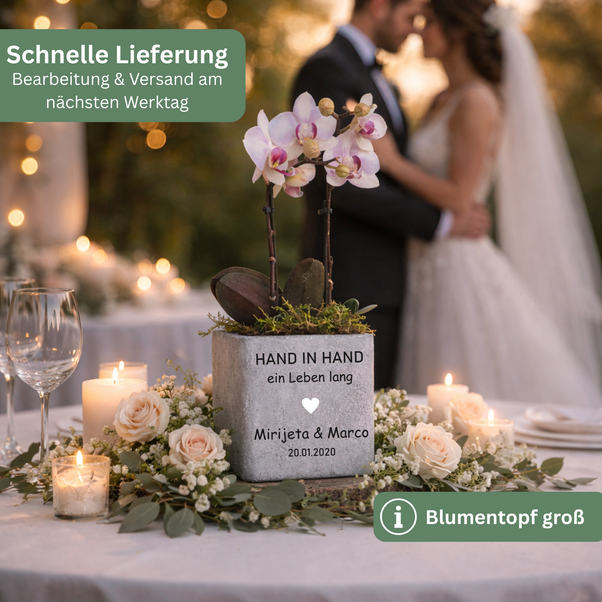 Hochzeit Geschenk für Brautpaar – Personalisiertes Hochzeitsgeschenk Blumentopf | HAND IN HAND ein Leben lang