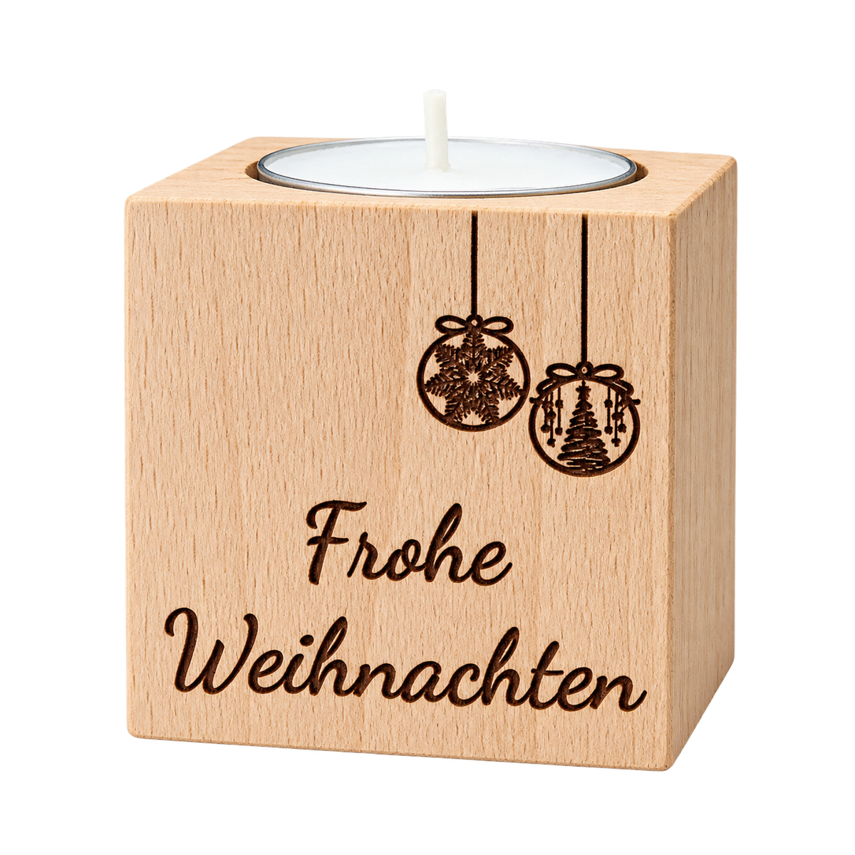 Teelichthalter Holz „Frohe Weihnachten“ – Mitarbeitergeschenk