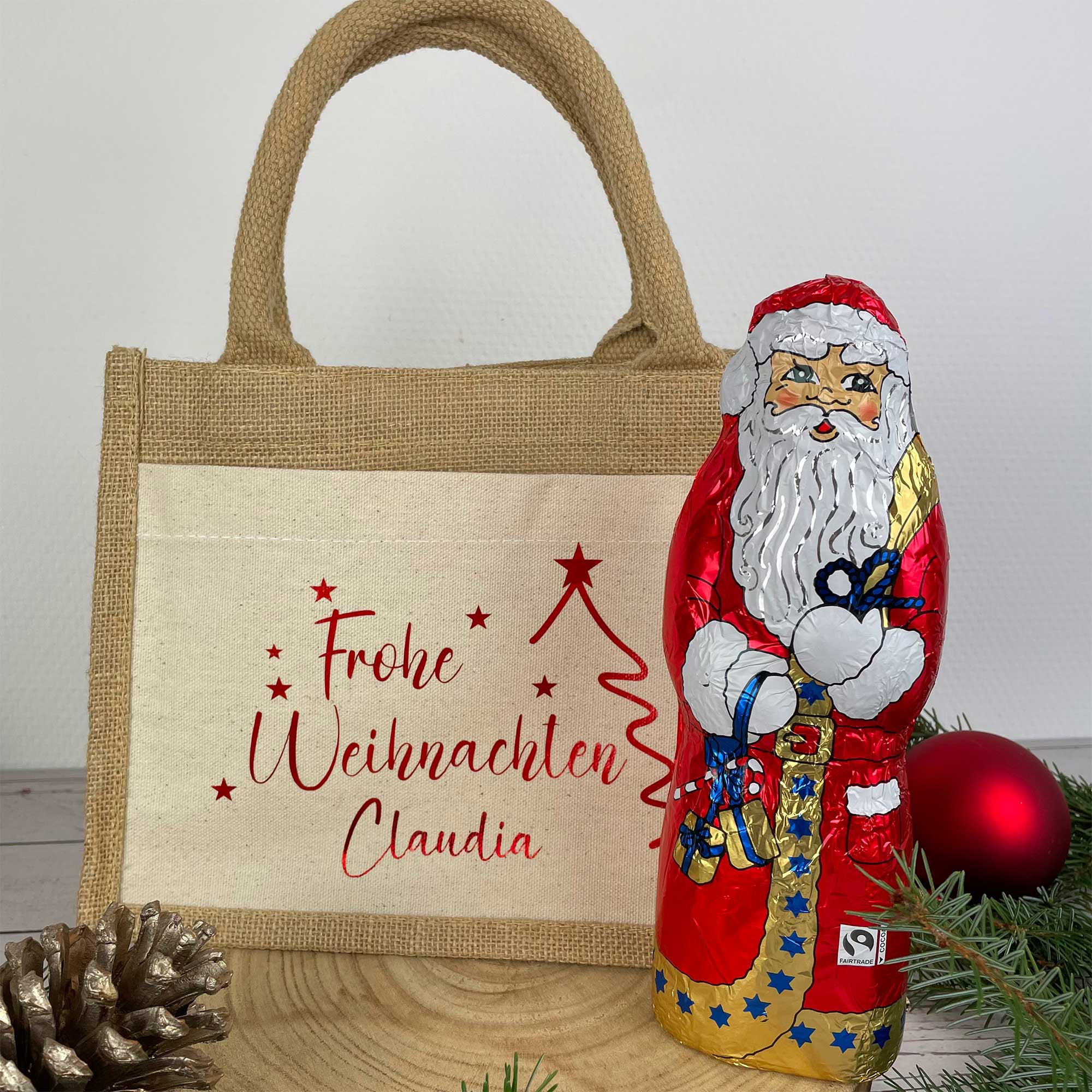Geschenktasche Weihnachten personalisiert | Weihnachtsgeschenk Verpackung mit Namen | Jutetasche Nikolaus Geschenkbeutel
