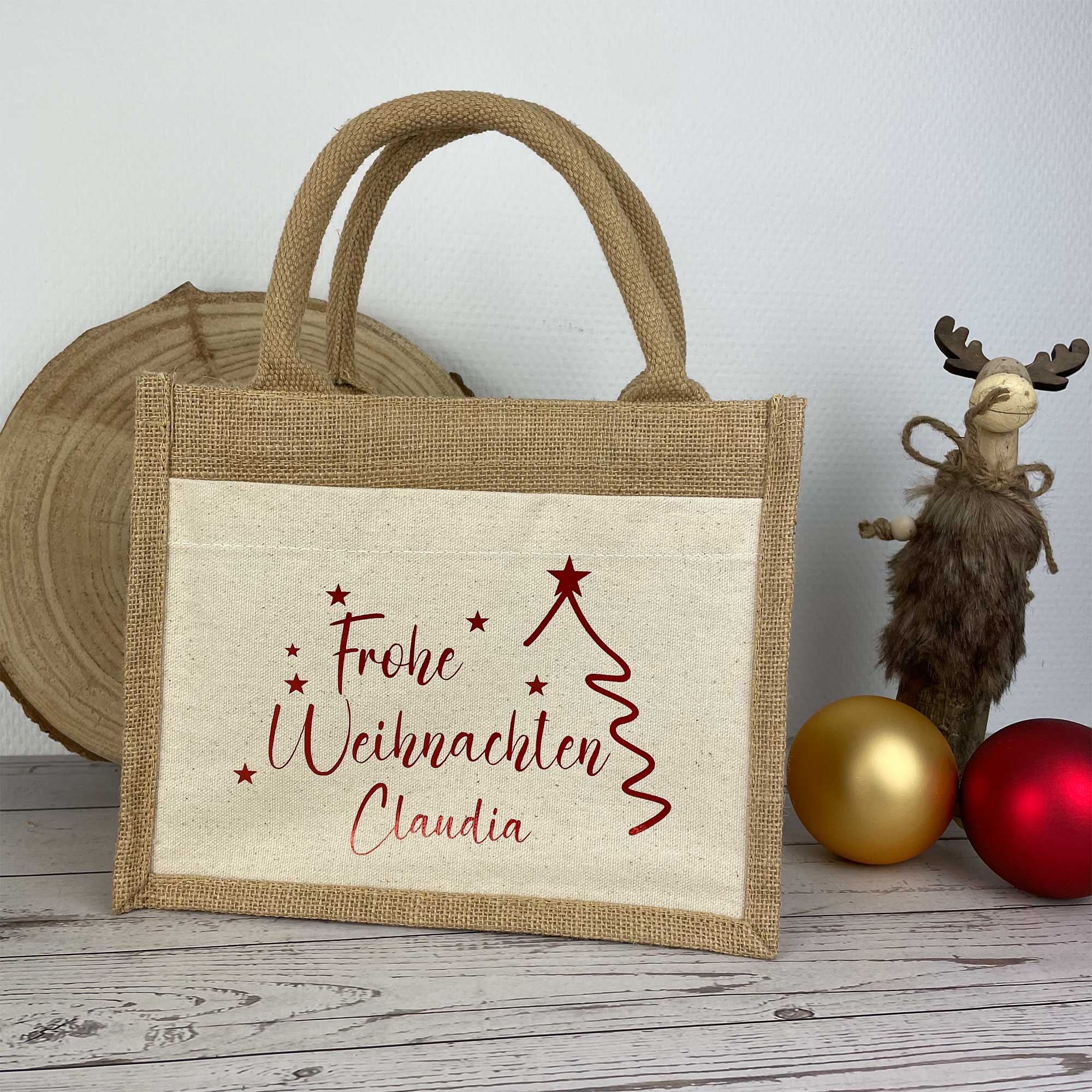 Geschenktasche Weihnachten personalisiert | Weihnachtsgeschenk Verpackung mit Namen | Jutetasche Nikolaus Geschenkbeutel