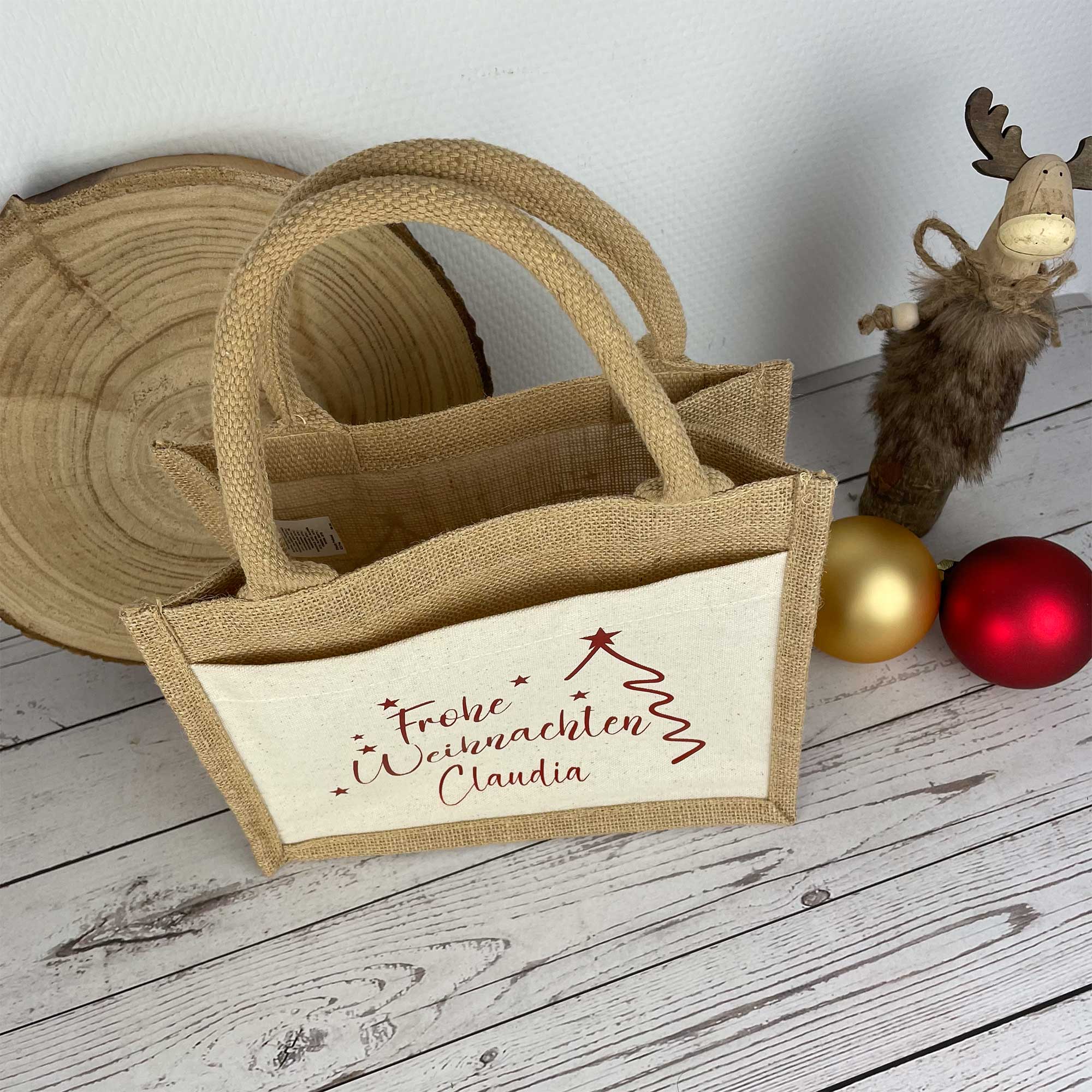 Geschenktasche Weihnachten personalisiert | Weihnachtsgeschenk Verpackung mit Namen | Jutetasche Nikolaus Geschenkbeutel