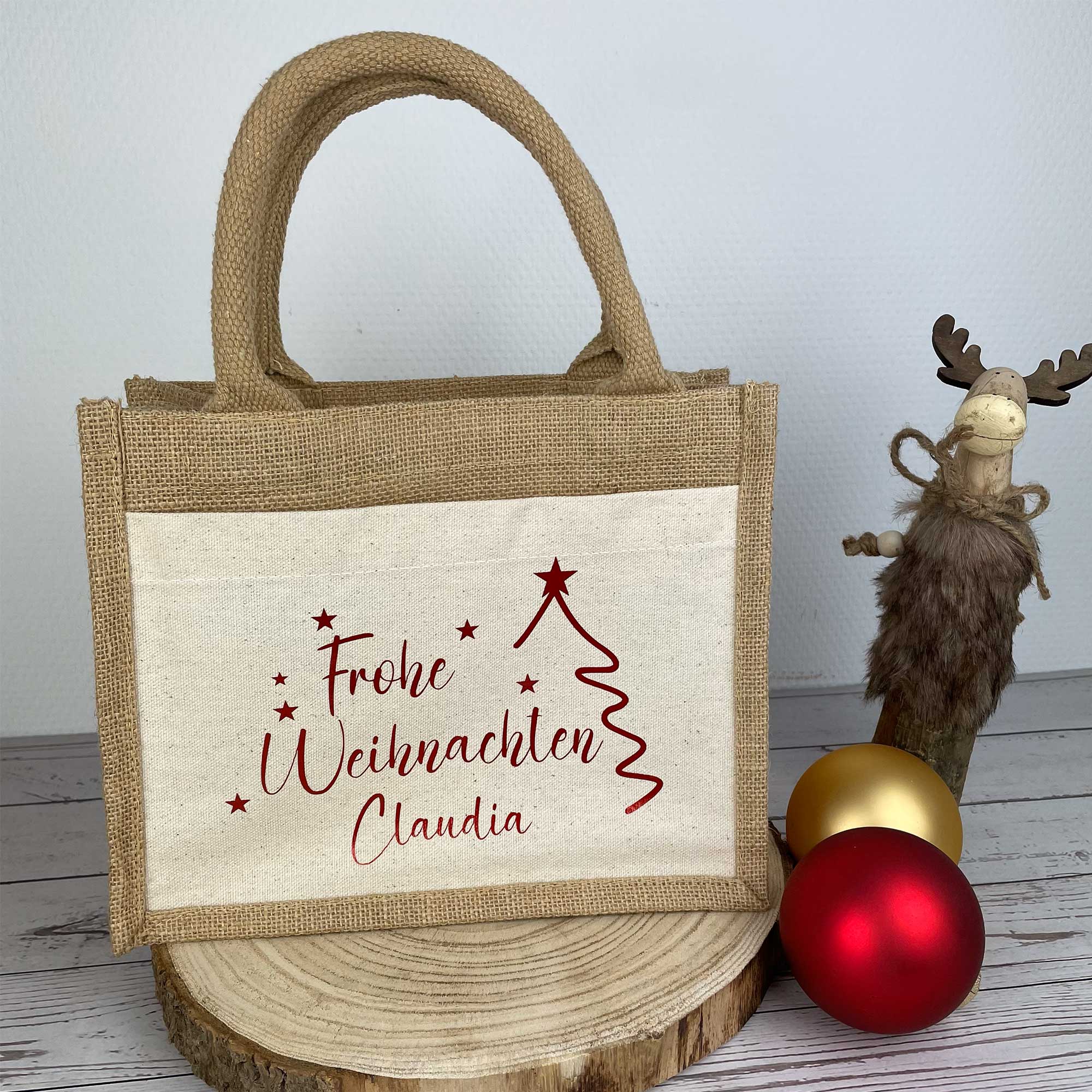 Geschenktasche Weihnachten personalisiert | Weihnachtsgeschenk Verpackung mit Namen | Jutetasche Nikolaus Geschenkbeutel