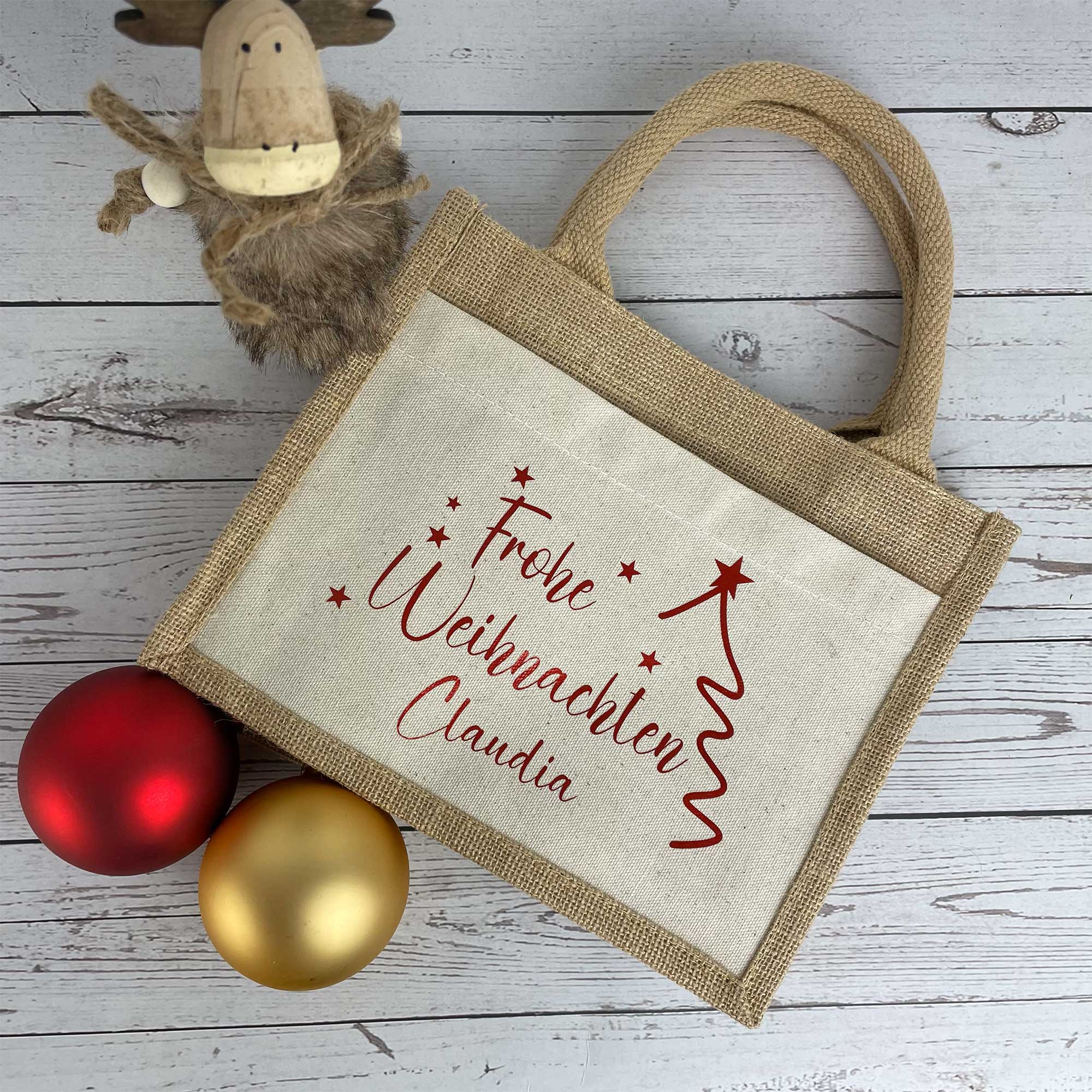 Geschenktasche Weihnachten personalisiert | Weihnachtsgeschenk Verpackung mit Namen | Jutetasche Nikolaus Geschenkbeutel