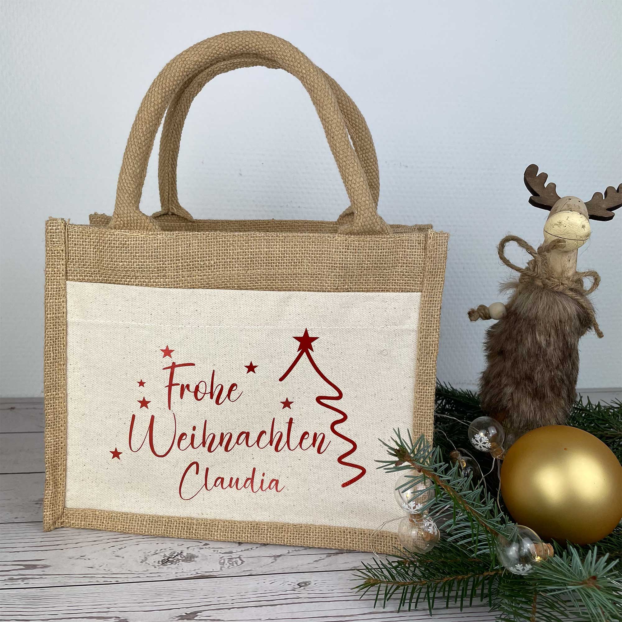 Geschenktasche Weihnachten personalisiert | Weihnachtsgeschenk Verpackung mit Namen | Jutetasche Nikolaus Geschenkbeutel
