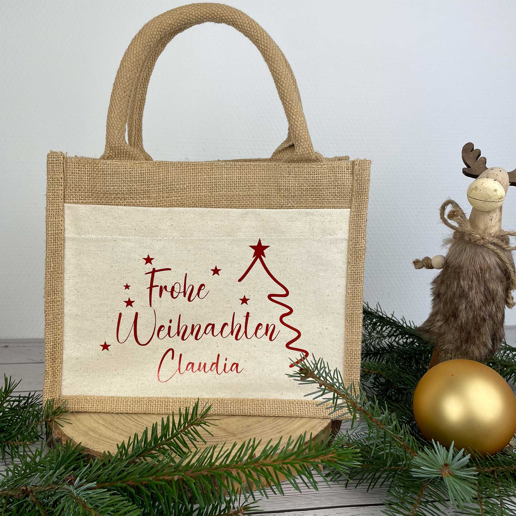 Geschenktasche Weihnachten personalisiert | Weihnachtsgeschenk Verpackung mit Namen | Jutetasche Nikolaus Geschenkbeutel