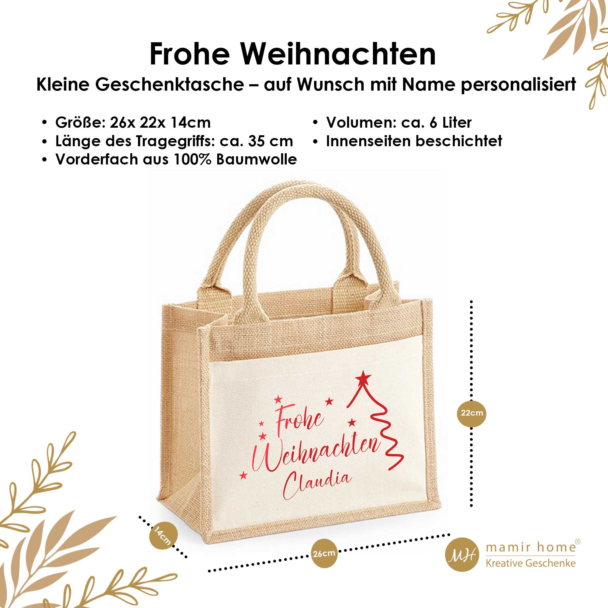 Geschenktasche Weihnachten personalisiert | Weihnachtsgeschenk Verpackung mit Namen | Jutetasche Nikolaus Geschenkbeutel