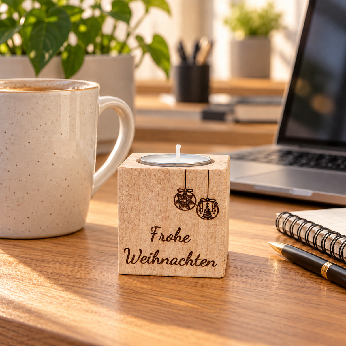 Teelichthalter Holz „Frohe Weihnachten“ – Mitarbeitergeschenk