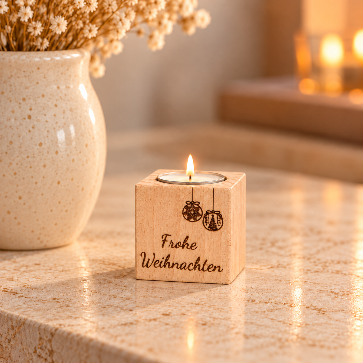 Teelichthalter Holz „Frohe Weihnachten“ – Mitarbeitergeschenk