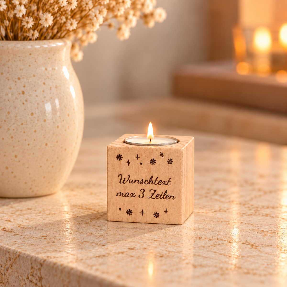 Teelichthalter mit Logo oder Wunschtext – Mitarbeitergeschenk aus Holz