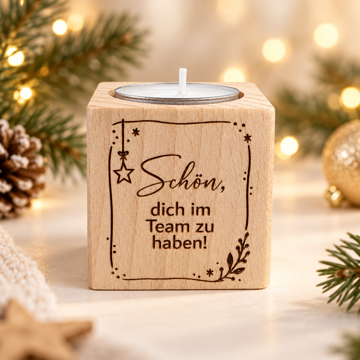 Teamgeschenk: Teelichthalter aus Holz „Schön, dich im Team zu haben!“