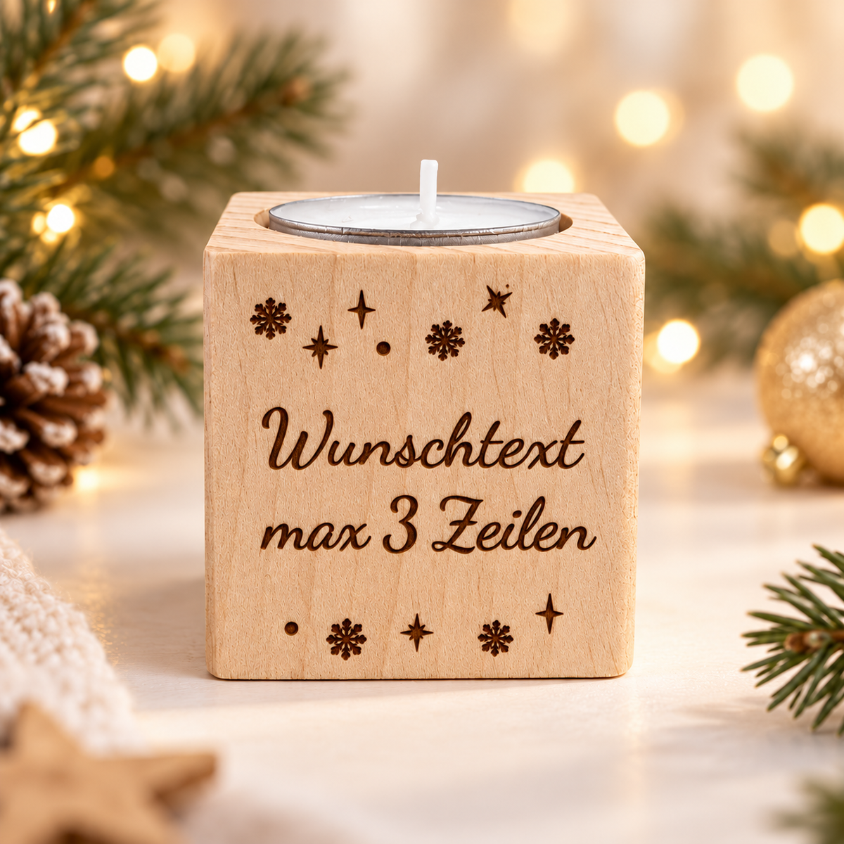Teelichthalter mit Logo oder Wunschtext – Mitarbeitergeschenk aus Holz