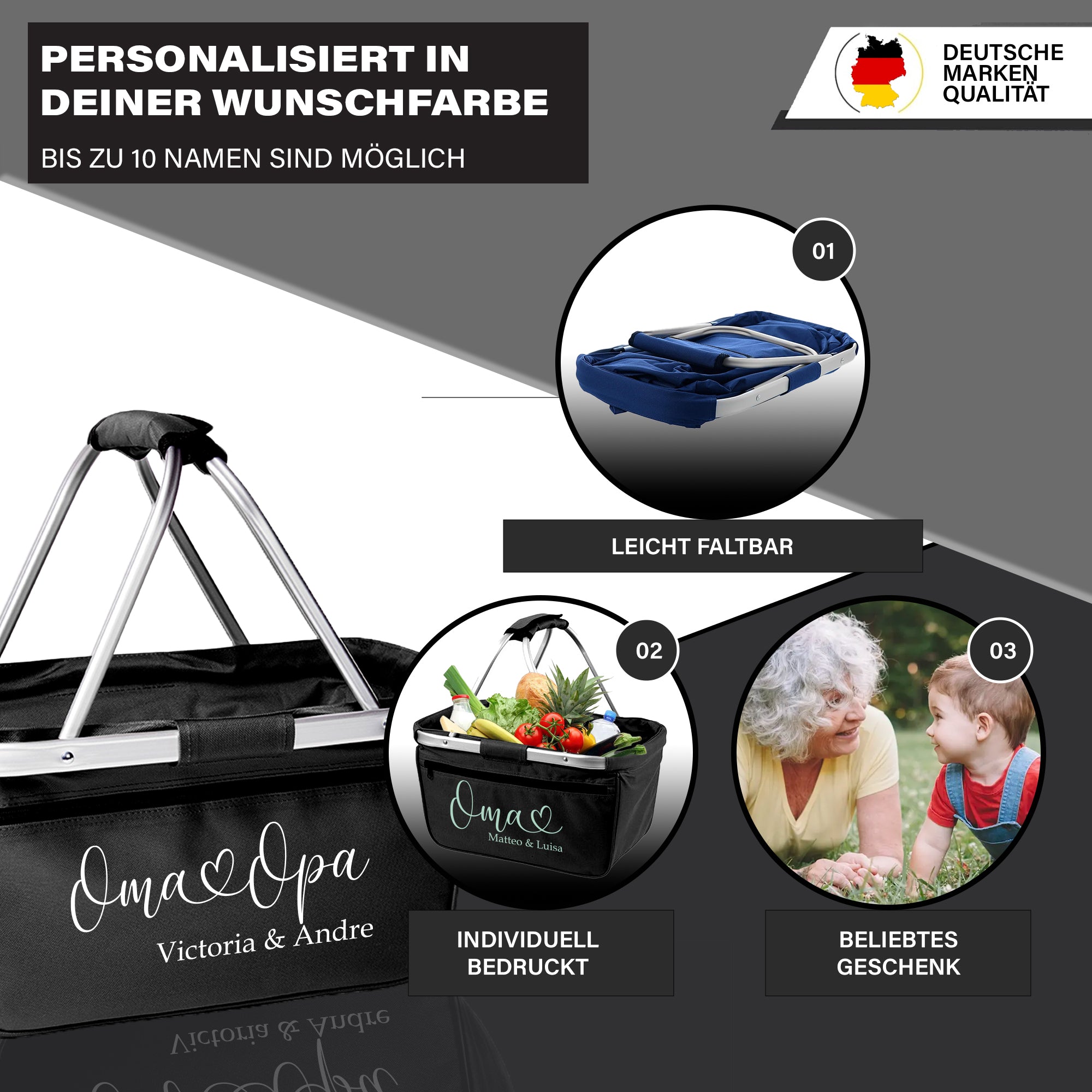 Personalisierter Einkaufskorb Oma & Opa | Geschenk Oma Geburtstag Muttertag | Einkaufskorb mit Namen bis 10 | Faltbar & robust