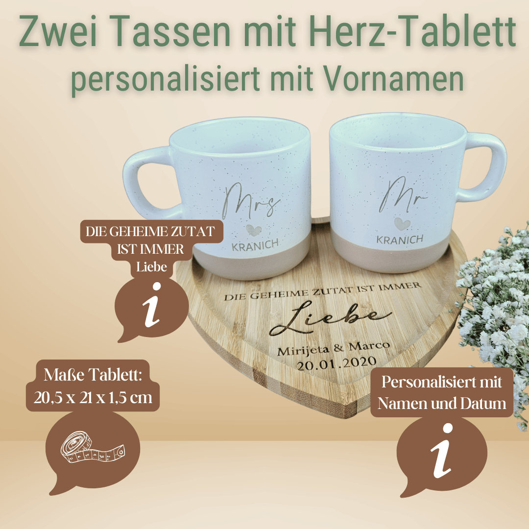 Hochzeitsgeschenk personalisiert mit Herz-Tablett | Mr & Mrs Tassen mit Namen | Geschenkset Hochzeit mit Geschenkbox