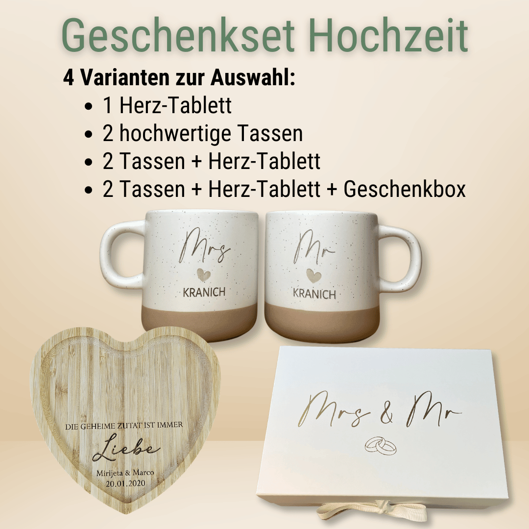 Hochzeitsgeschenk personalisiert mit Herz-Tablett | Mr & Mrs Tassen mit Namen | Geschenkset Hochzeit mit Geschenkbox