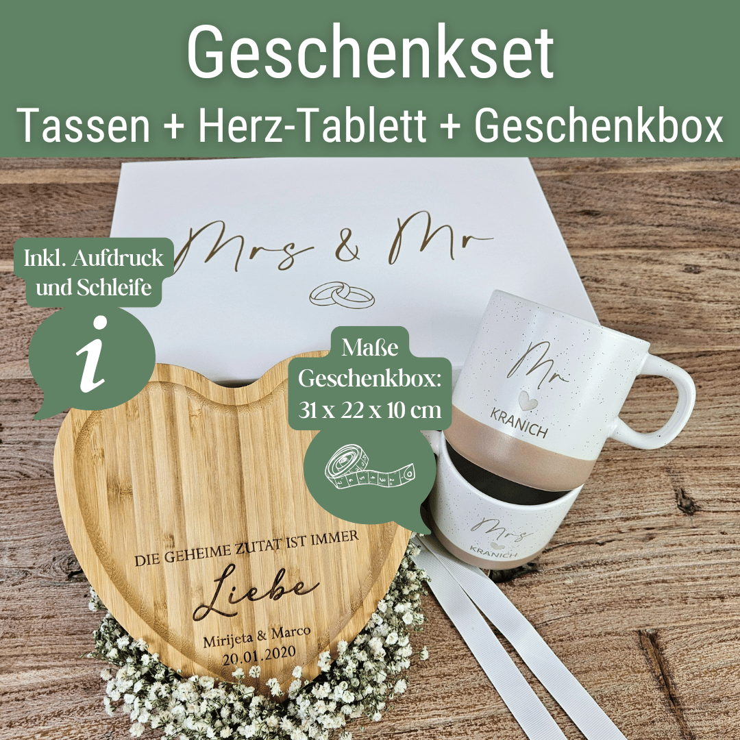 Hochzeitsgeschenk personalisiert mit Herz-Tablett | Mr & Mrs Tassen mit Namen | Geschenkset Hochzeit mit Geschenkbox