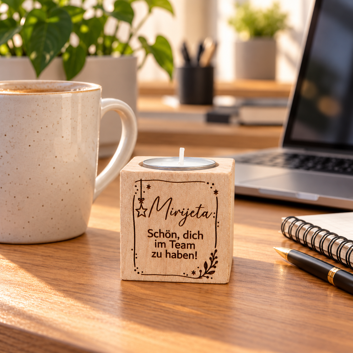 Teelichthalter mit Namen aus Holz – personalisiertes Teamgeschenk