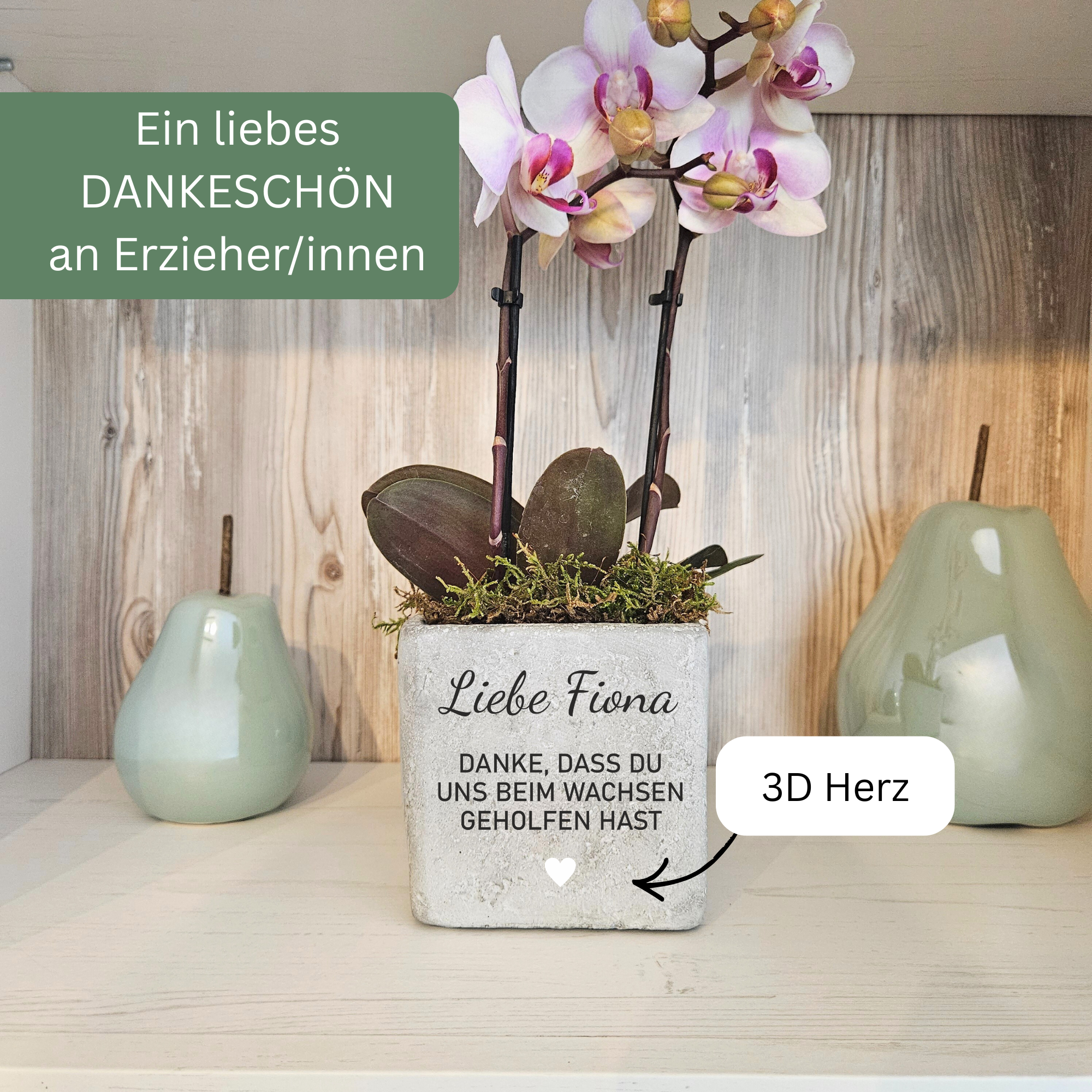 Abschiedsgeschenk Erzieherin personalisiert – Danke, dass du mir / uns beim Wachsen geholfen hast – Blumentopf aus Beton in 2 Größen