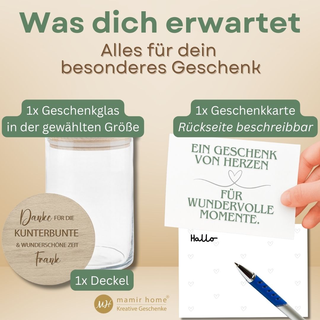 Personalisierbares Vorratsglas mit Gravur 'Danke für die kunterbunte & wunderschöne Zeit' – als Abschiedsgeschenk für Erzieherin, befüllt mit bunten Süßigkeiten.