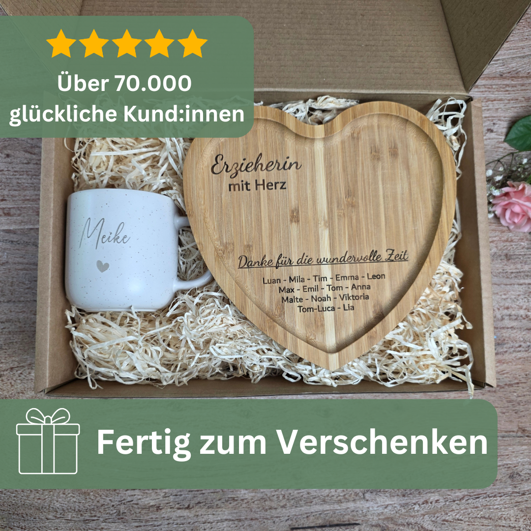 Abschiedsgeschenk Erzieherin mit Kindernamen – Personalisierte Tasse & Herz-Tablett | Geschenk Erzieherin Abschied
