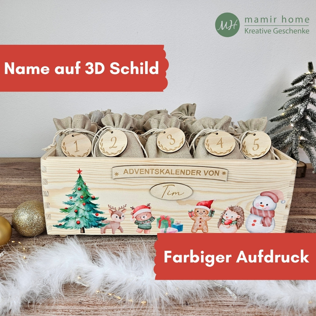 Adventskalender aus Holz mit farbigem Aufdruck und 3D Namensschild, ideal als Weihnachtskalender fuer Kinder.