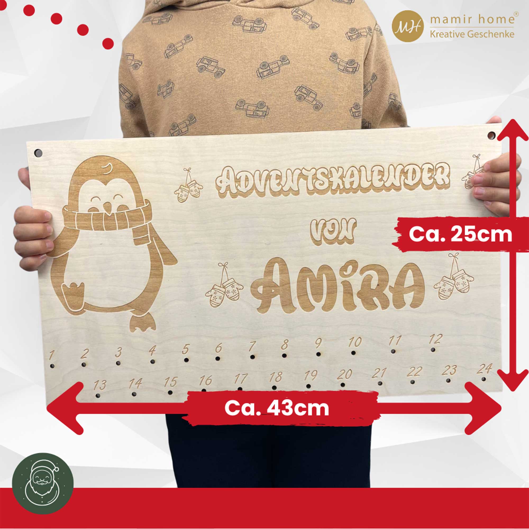 Adventskalender Pinguin Holz mit Namensgravur, Größe 43x25 cm