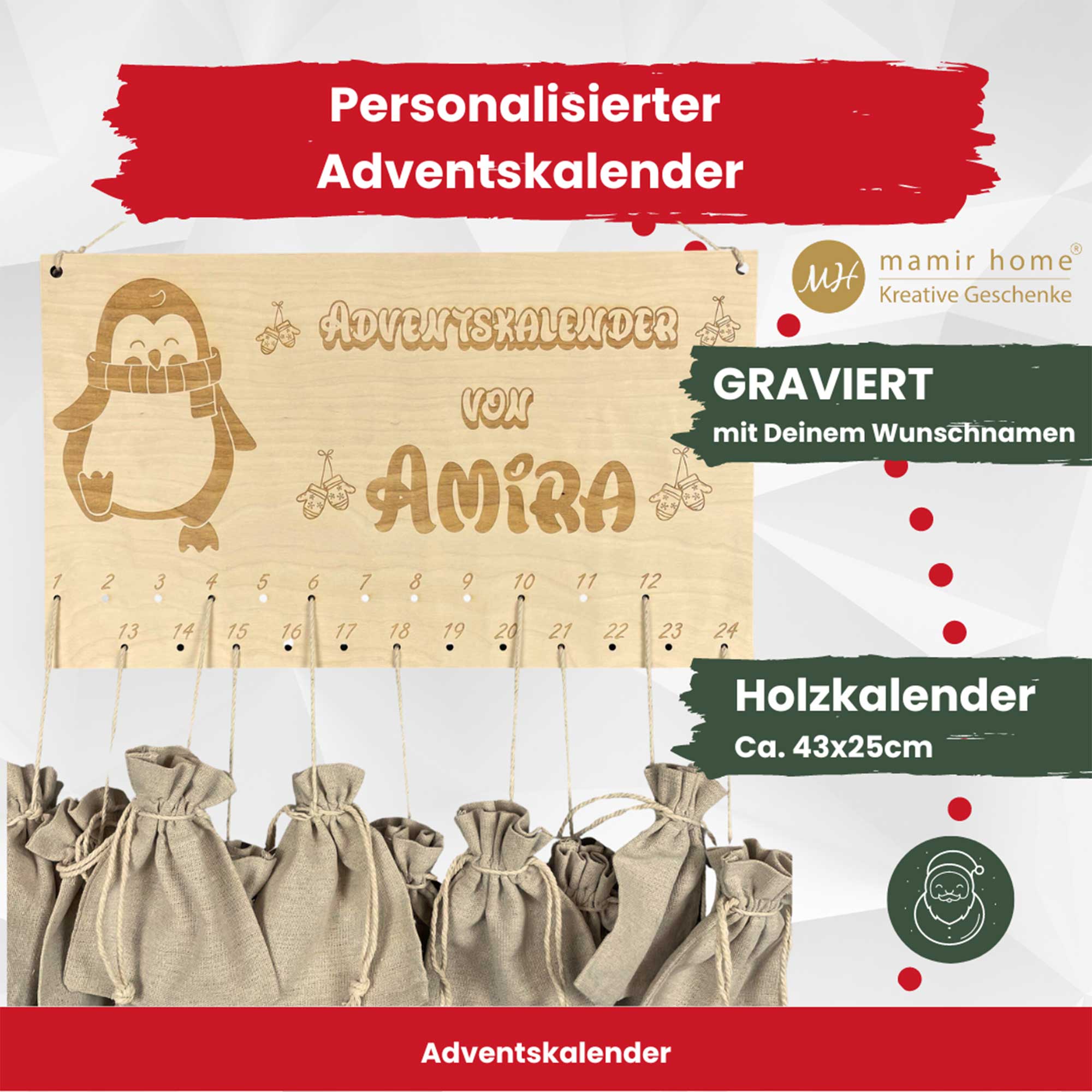 Adventskalender Holz Pinguin graviert mit Namen, handgefertigter DIY Adventskalender